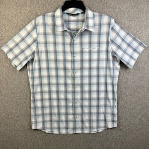 Travis Mathew Blue Gray Plaid Short Sleeve Button Up Shirt Men's Size L READ